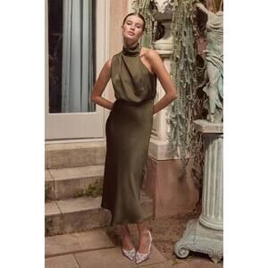 Lulus Distinctive Charm Olive Green Satin Asymmetrical Midi Dress - Size XS
